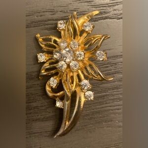 Gold Floral Brooch with Crystals